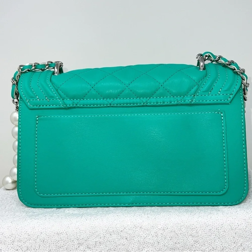 Badgley Mischka Crossbody Purse front quilted pearl studded green